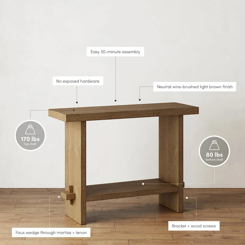 Tavolo consolle Nathan James Virgo Farmhouse a 2 livelli con finitura in legno spazzolato