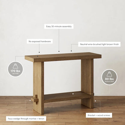 Tavolo consolle Nathan James Virgo Farmhouse a 2 livelli con finitura in legno spazzolato