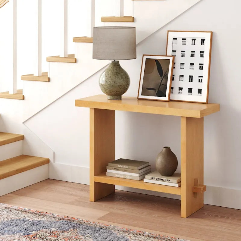 Tavolo consolle Nathan James Virgo Farmhouse a 2 livelli con finitura in legno spazzolato