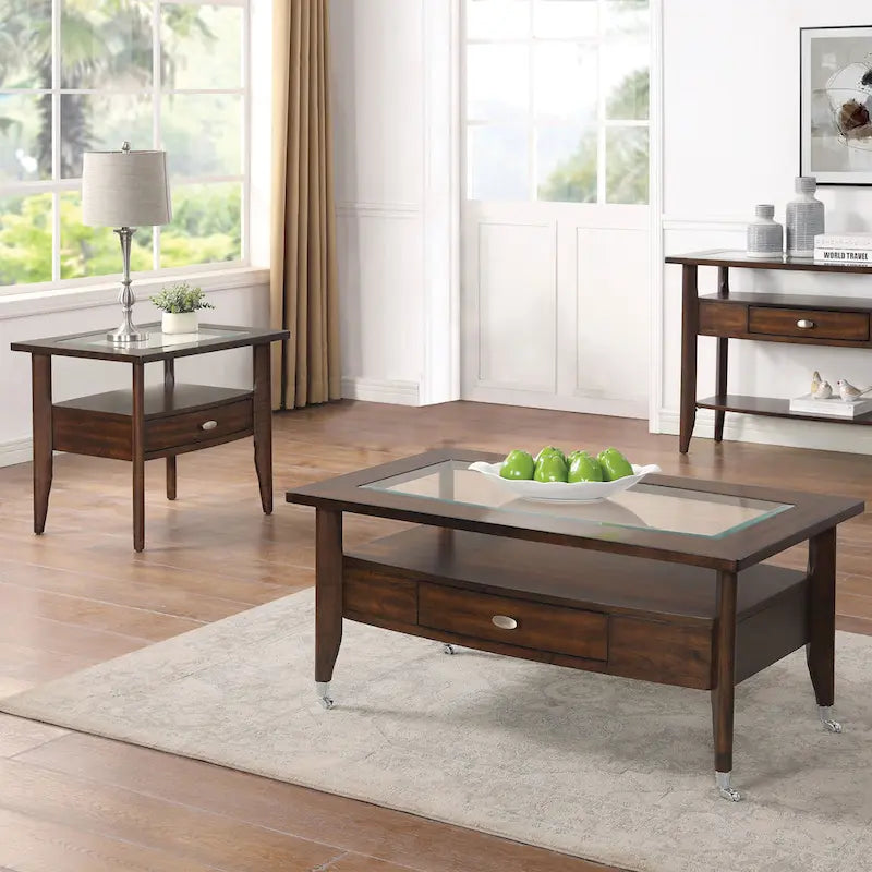 Genoas Traditional Walnut Glass 2-Piece Coffee Table Set with Drawer by Furniture of America