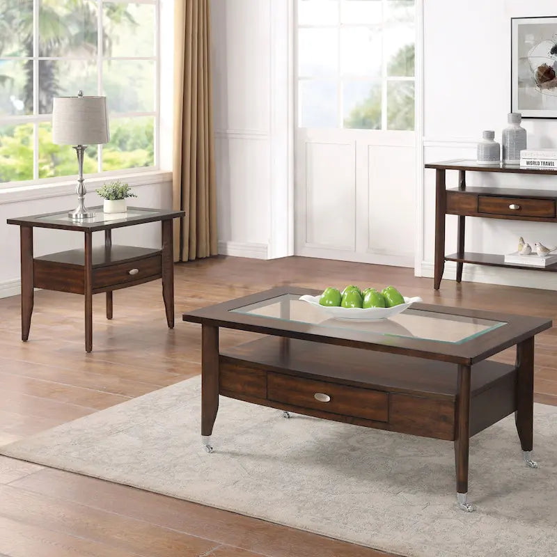 Set di tavolini da caffè Genoas Traditional Walnut Glass da 2 pezzi con cassetto di Furniture of America