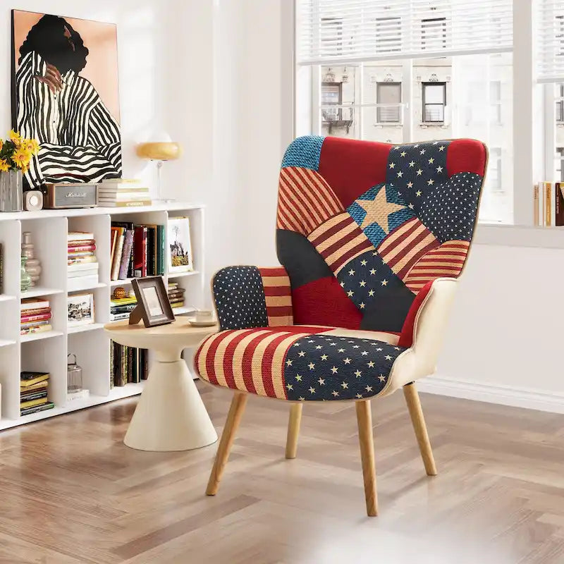 Poltrona moderna imbottita in lino con gambe in legno