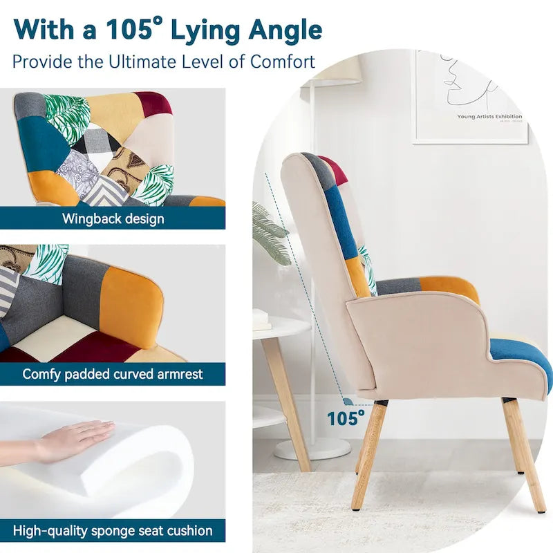 Poltrona moderna imbottita in lino con gambe in legno