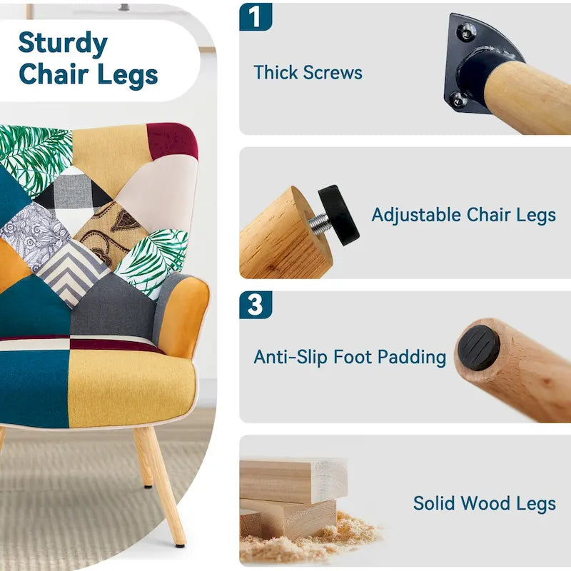 Poltrona moderna imbottita in lino con gambe in legno