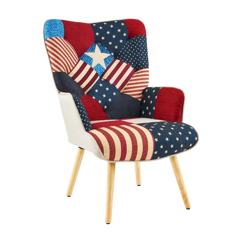 Poltrona moderna imbottita in lino con gambe in legno