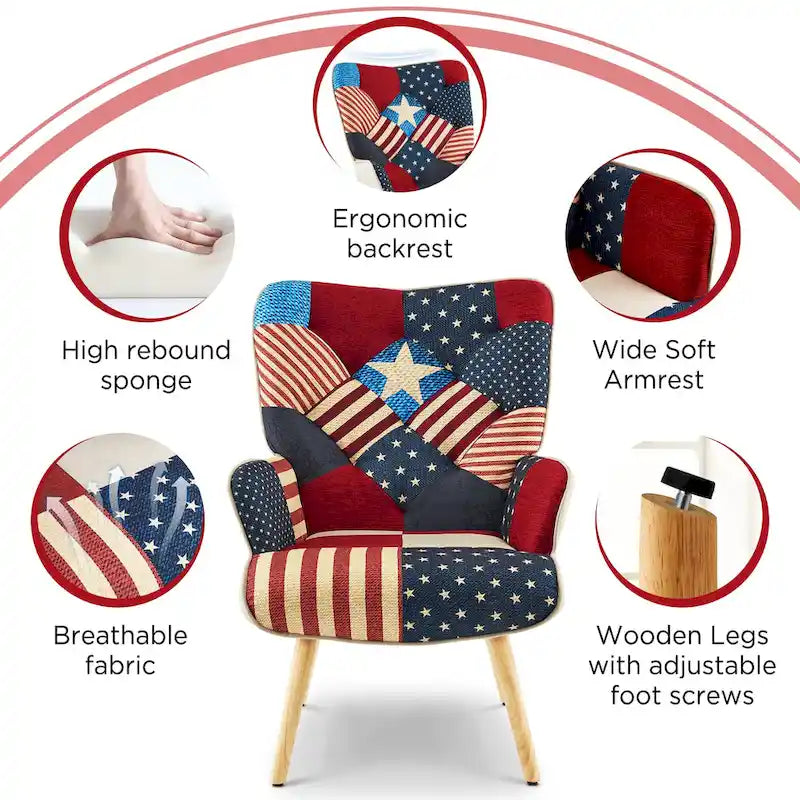 Poltrona moderna imbottita in lino con gambe in legno