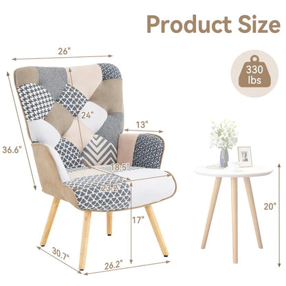 Poltrona moderna imbottita in lino con gambe in legno