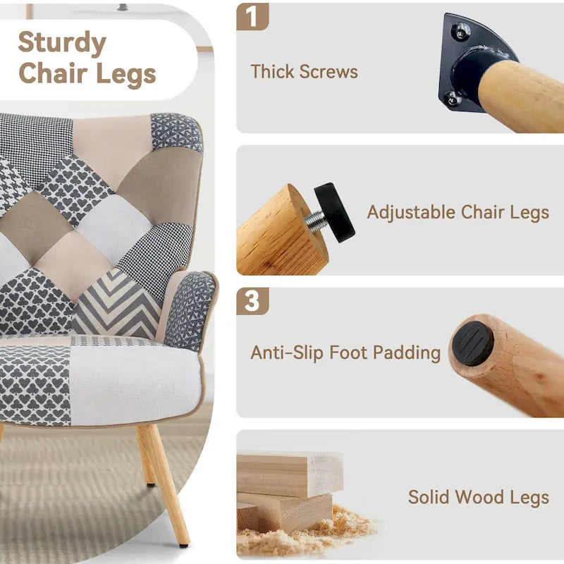 Poltrona moderna imbottita in lino con gambe in legno