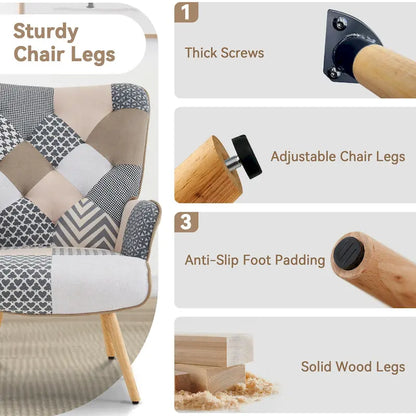 Poltrona moderna imbottita in lino con gambe in legno