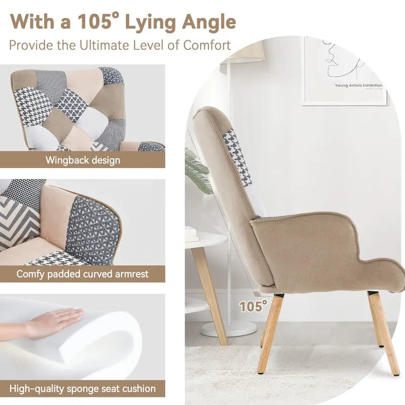 Poltrona moderna imbottita in lino con gambe in legno