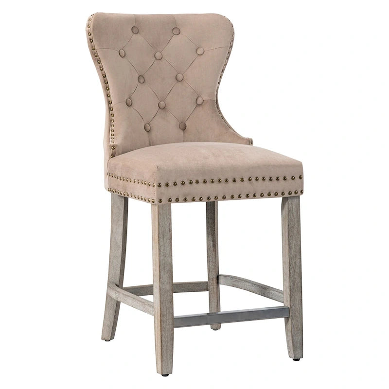 Sgabello da bar Carter 24 Wingback con borchie trapuntate e gambe grigio antico