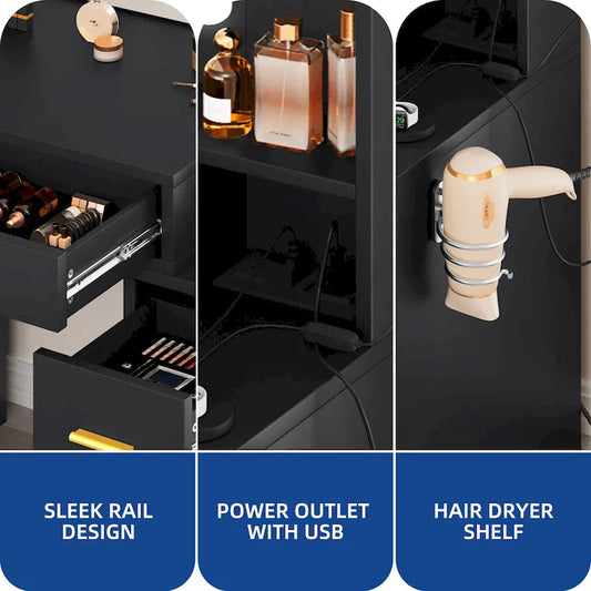 Moasis Makeup Vanity Desk with Lighted Mirror and Upholstered Stool