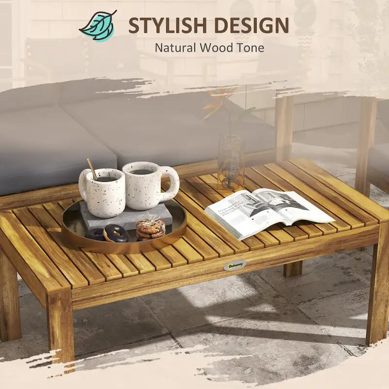 Outsunny Set di mobili da giardino 4 pezzi, mobili da esterno in legno di acacia con cuscini, tavolo, divano per veranda e prato, legno naturale