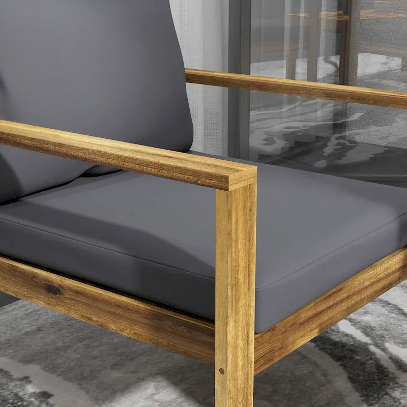 Outsunny Set di mobili da giardino 4 pezzi, mobili da esterno in legno di acacia con cuscini, tavolo, divano per veranda e prato, legno naturale