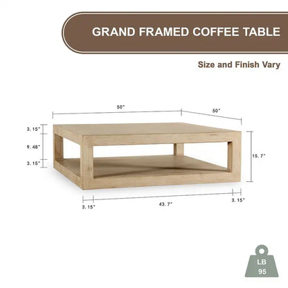 Tavolino da caffè quadrato con cornice versatile Peking Grand di Artissance, con finitura bianca anticata, lungo 50 pollici