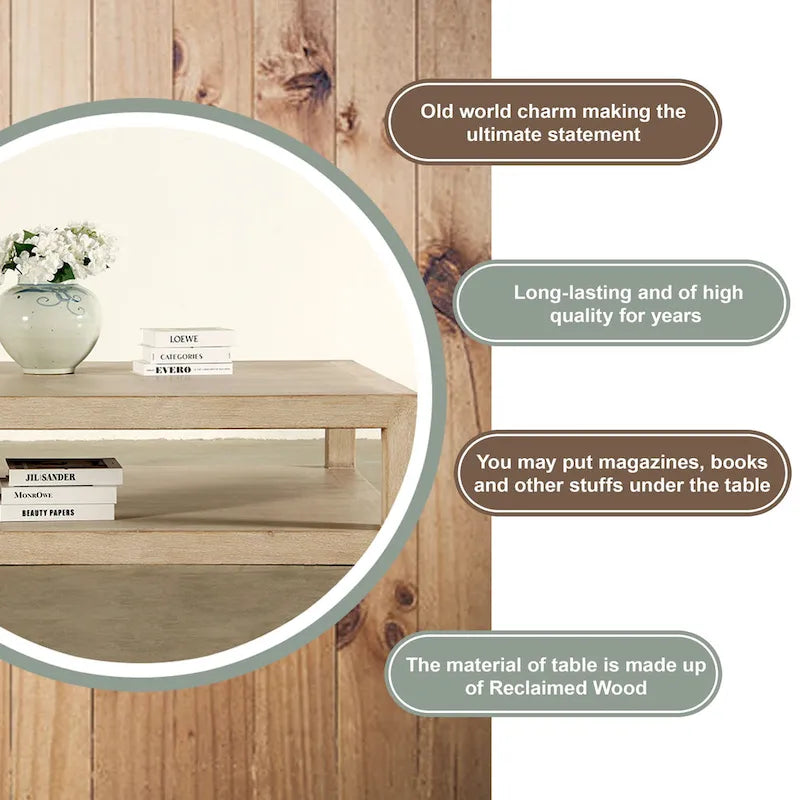 Tavolino da caffè quadrato con cornice versatile Peking Grand di Artissance, con finitura bianca anticata, lungo 50 pollici