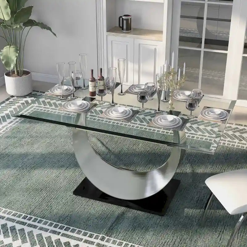 Set da pranzo moderno Heer in acciaio nero con piedistallo a forma di U, 7 pezzi, di Furniture of America