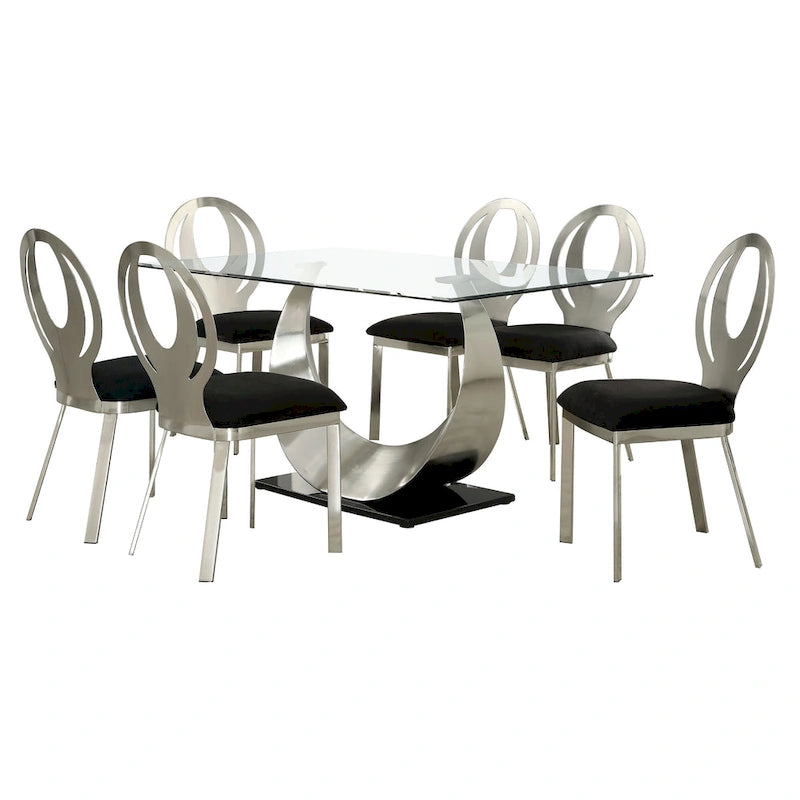 Set da pranzo moderno Heer in acciaio nero con piedistallo a forma di U, 7 pezzi, di Furniture of America