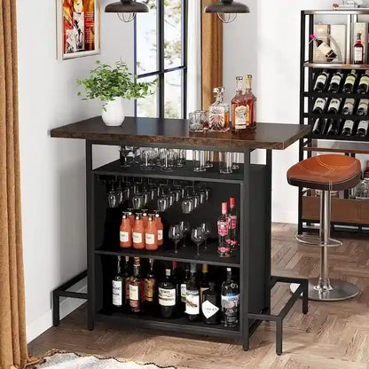 Home Bar Unit 3-Tier Liquor Bar Table with Glasses Holder Wine Storage