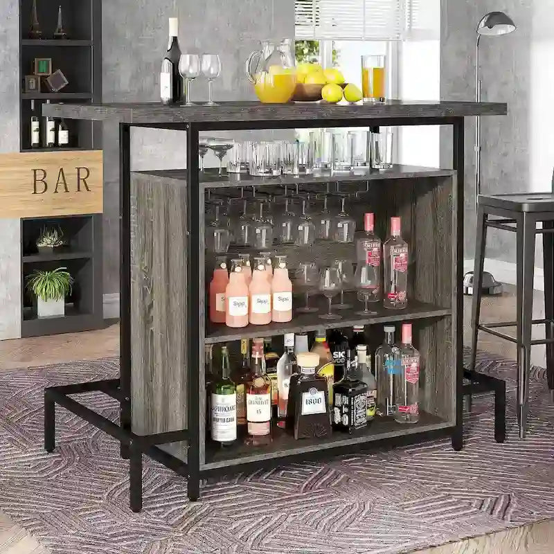 Mobile bar per la casa con 3 ripiani, tavolo da bar per liquori e porta bicchieri, portabottiglie per vino