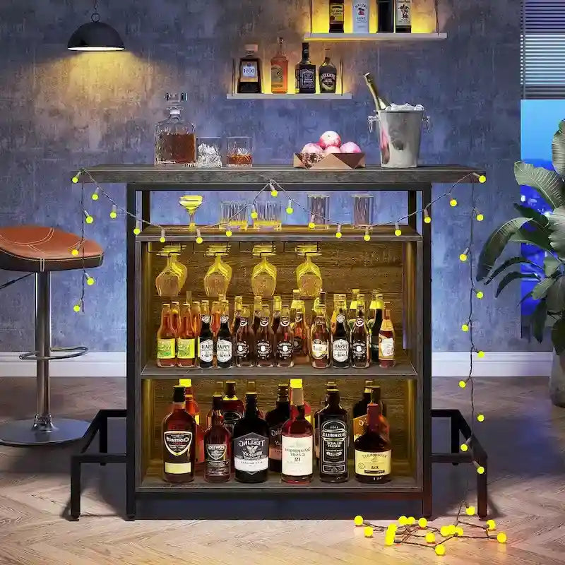 Mobile bar per la casa con 3 ripiani, tavolo da bar per liquori e porta bicchieri, portabottiglie per vino