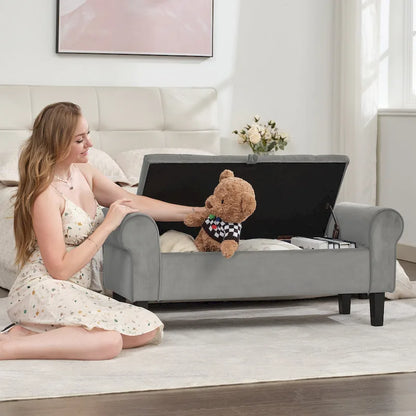 Panca contenitore in velluto con gambe in legno di gomma per camera da letto