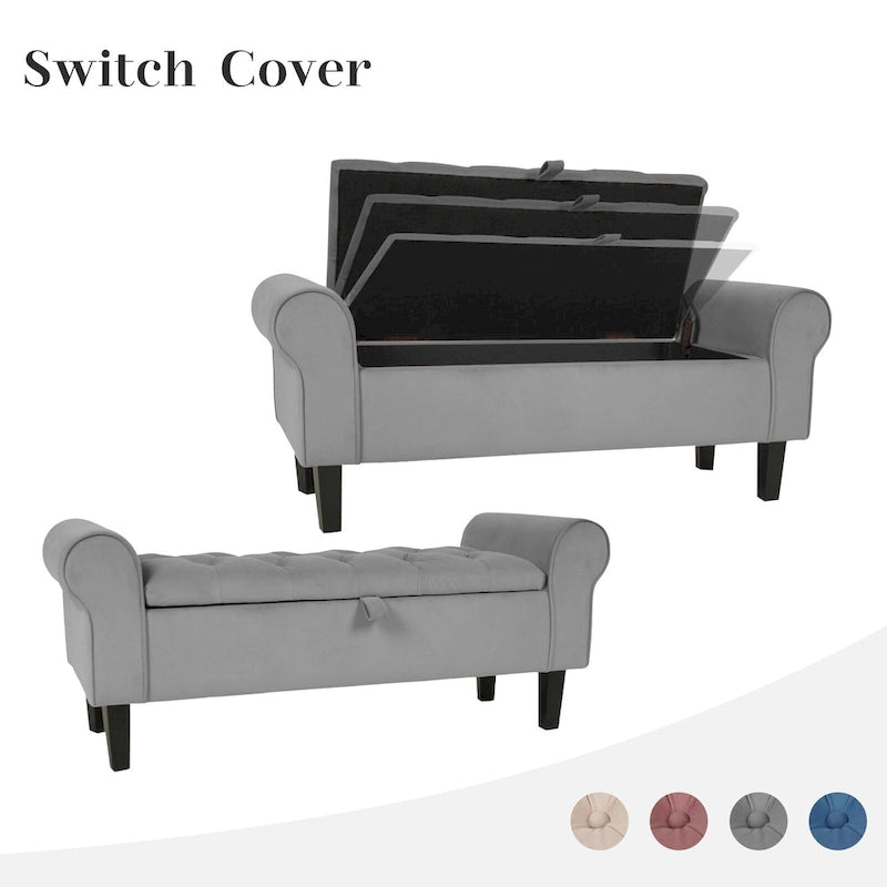 Panca contenitore in velluto con gambe in legno di gomma per camera da letto