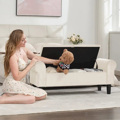 Panca contenitore in velluto con gambe in legno di gomma per camera da letto