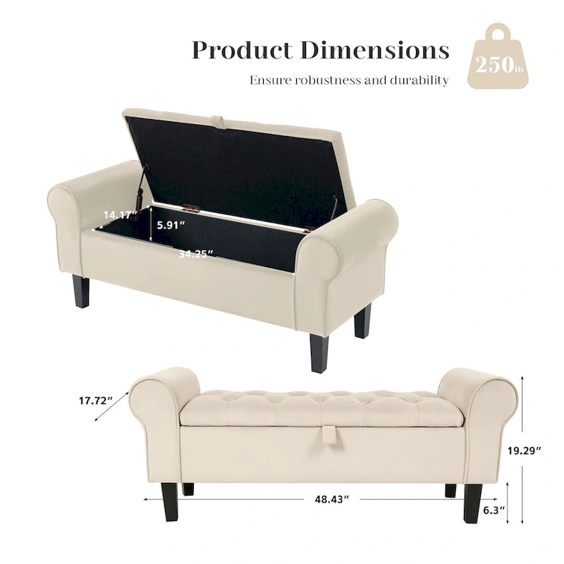 Panca contenitore in velluto con gambe in legno di gomma per camera da letto