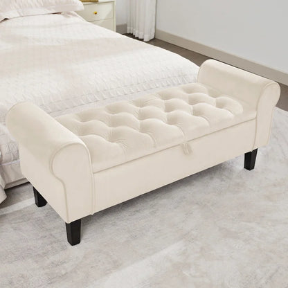 Panca contenitore in velluto con gambe in legno di gomma per camera da letto