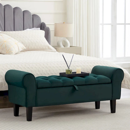 Panca contenitore in velluto con gambe in legno di gomma per camera da letto