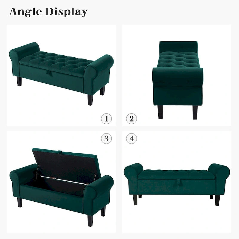 Panca contenitore in velluto con gambe in legno di gomma per camera da letto