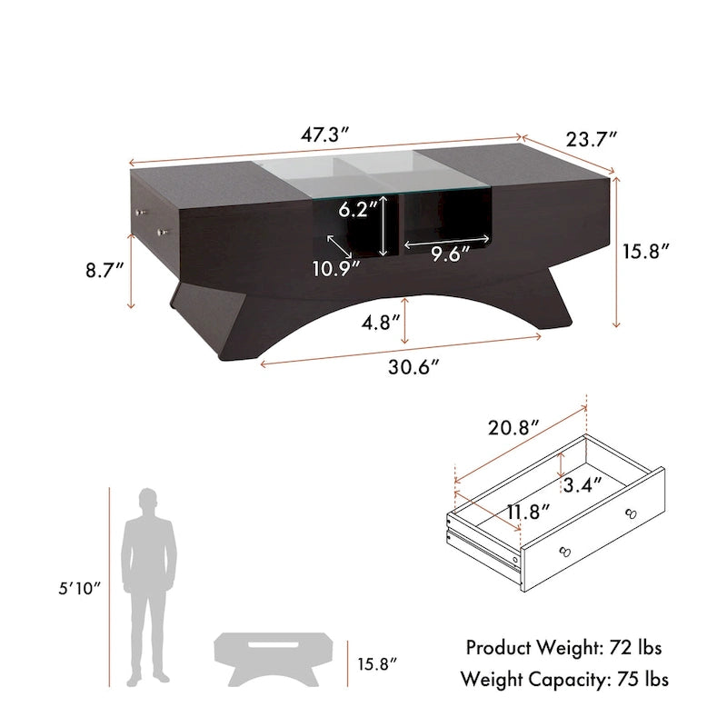 Tavolino da caffè contenitore contemporaneo Angelic di Furniture of America con inserto in vetro