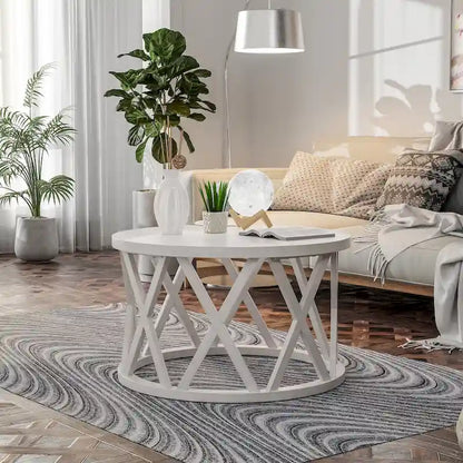 Tavolino da caffè rotondo rustico COZAYH, con gambe a X, piano in legno strutturato, stile boho, stile country francese