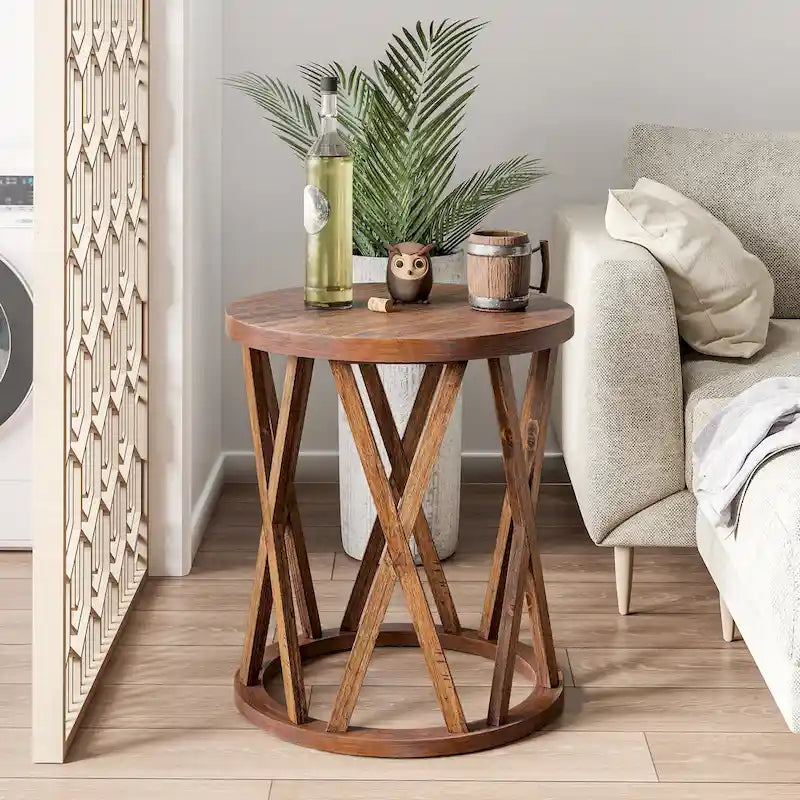 Tavolino da caffè rotondo rustico COZAYH, con gambe a X, piano in legno strutturato, stile boho, stile country francese