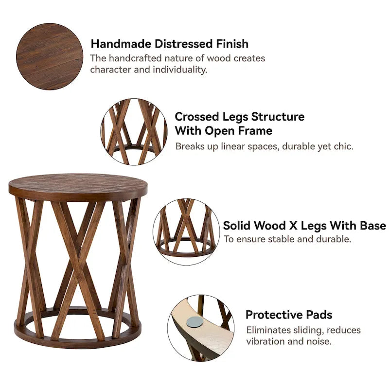 Tavolino da caffè rotondo rustico COZAYH, con gambe a X, piano in legno strutturato, stile boho, stile country francese