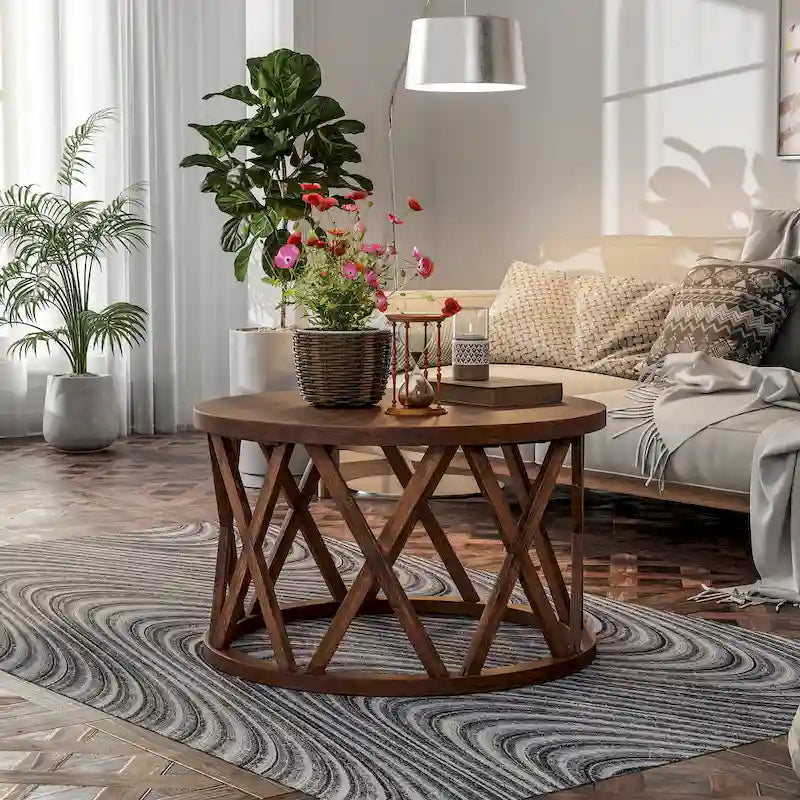 Tavolino da caffè rotondo rustico COZAYH, con gambe a X, piano in legno strutturato, stile boho, stile country francese