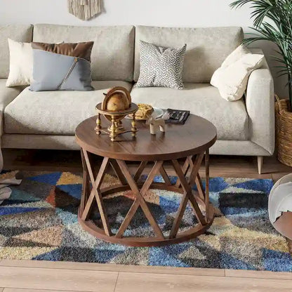 Tavolino da caffè rotondo rustico COZAYH, con gambe a X, piano in legno strutturato, stile boho, stile country francese
