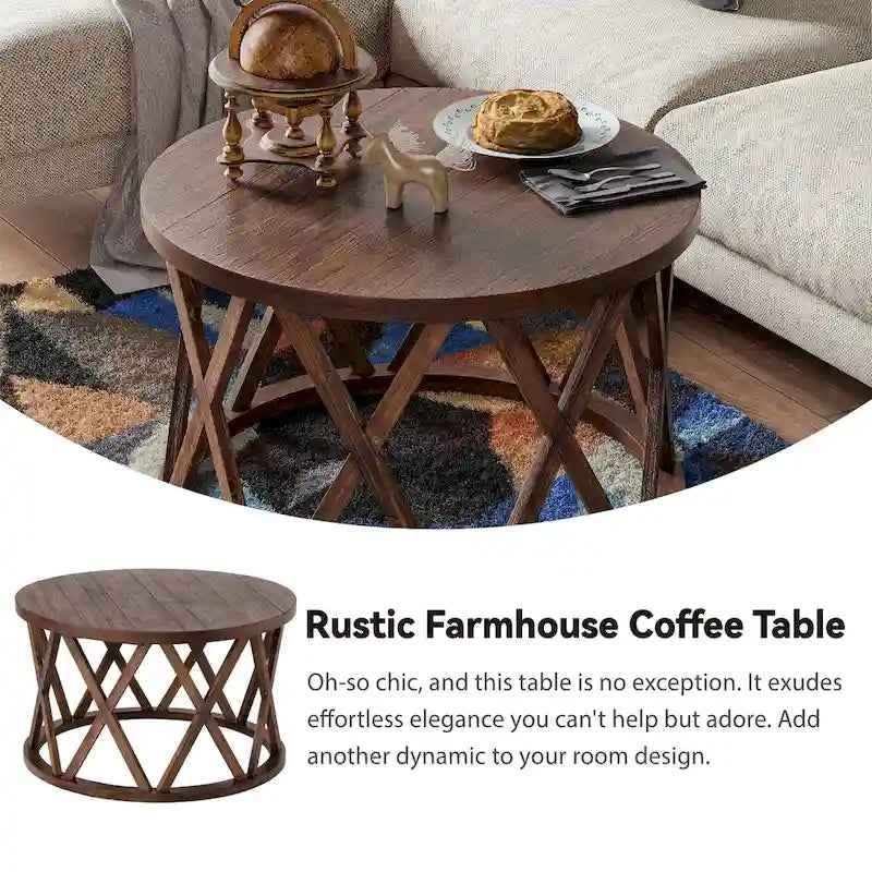Tavolino da caffè rotondo rustico COZAYH, con gambe a X, piano in legno strutturato, stile boho, stile country francese