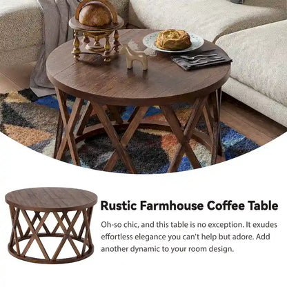 Tavolino da caffè rotondo rustico COZAYH, con gambe a X, piano in legno strutturato, stile boho, stile country francese