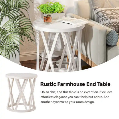 Tavolino da caffè rotondo rustico COZAYH, con gambe a X, piano in legno strutturato, stile boho, stile country francese