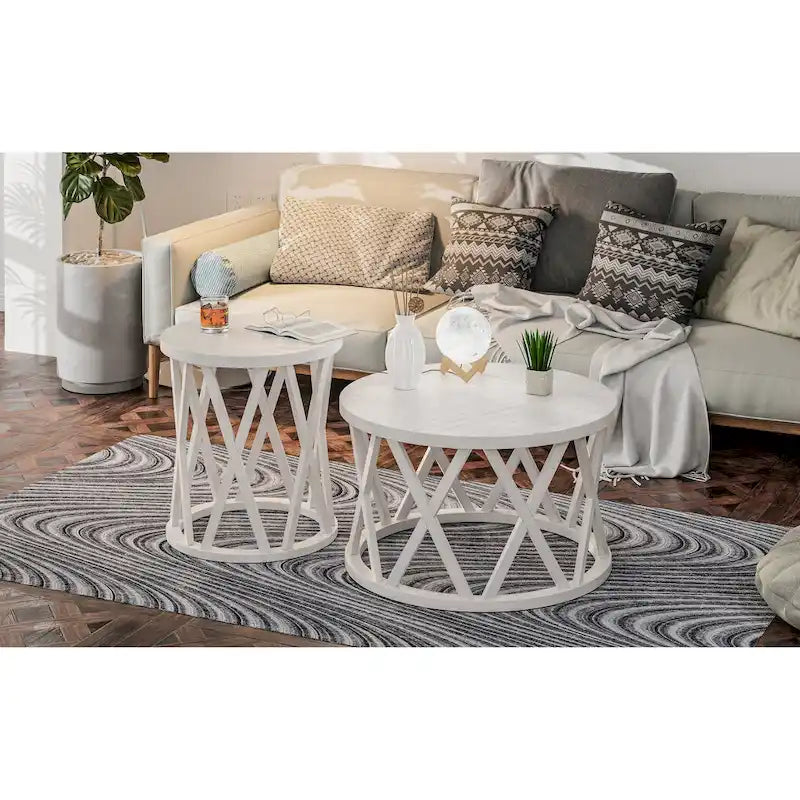 Tavolino da caffè rotondo rustico COZAYH, con gambe a X, piano in legno strutturato, stile boho, stile country francese
