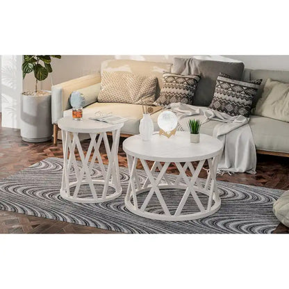 Tavolino da caffè rotondo rustico COZAYH, con gambe a X, piano in legno strutturato, stile boho, stile country francese