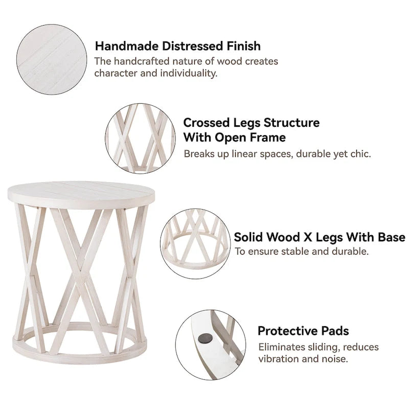 Tavolino da caffè rotondo rustico COZAYH, con gambe a X, piano in legno strutturato, stile boho, stile country francese