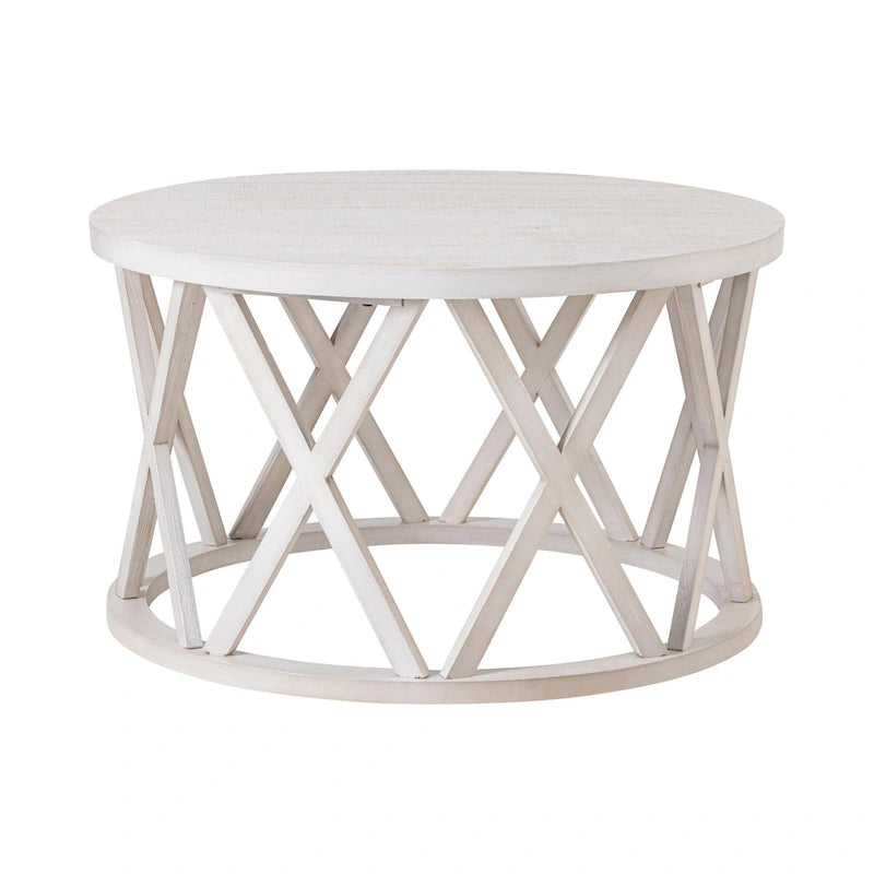 Tavolino da caffè rotondo rustico COZAYH, con gambe a X, piano in legno strutturato, stile boho, stile country francese