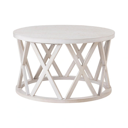 Tavolino da caffè rotondo rustico COZAYH, con gambe a X, piano in legno strutturato, stile boho, stile country francese