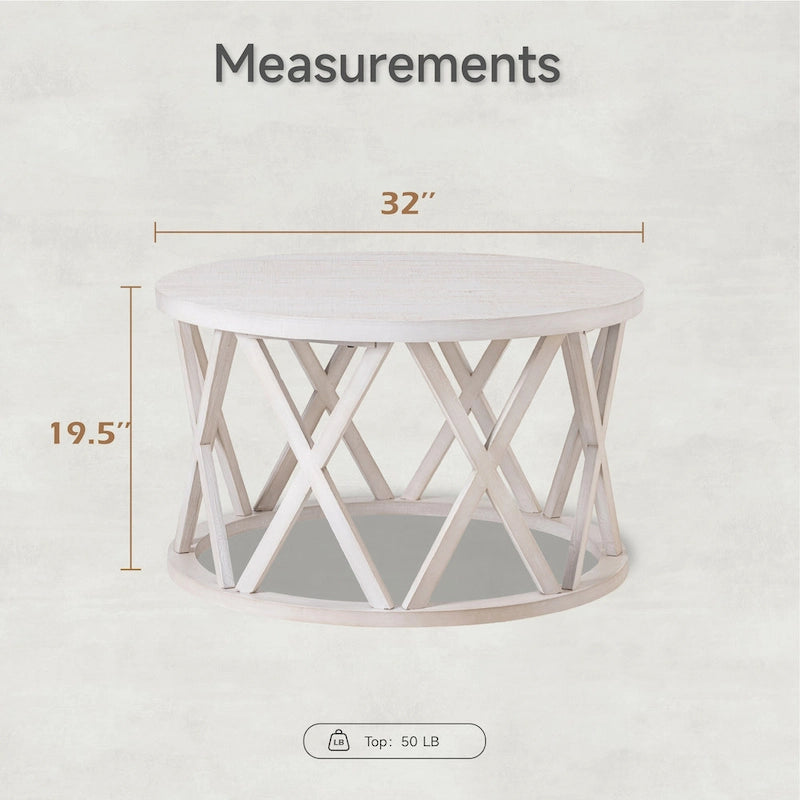 Tavolino da caffè rotondo rustico COZAYH, con gambe a X, piano in legno strutturato, stile boho, stile country francese