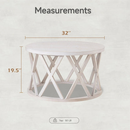 Tavolino da caffè rotondo rustico COZAYH, con gambe a X, piano in legno strutturato, stile boho, stile country francese