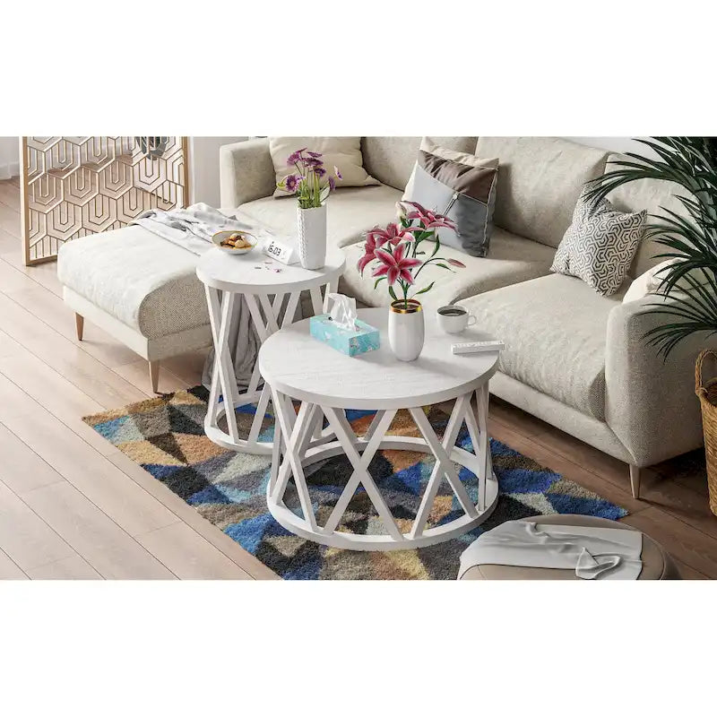 Tavolino da caffè rotondo rustico COZAYH, con gambe a X, piano in legno strutturato, stile boho, stile country francese