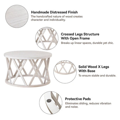 Tavolino da caffè rotondo rustico COZAYH, con gambe a X, piano in legno strutturato, stile boho, stile country francese